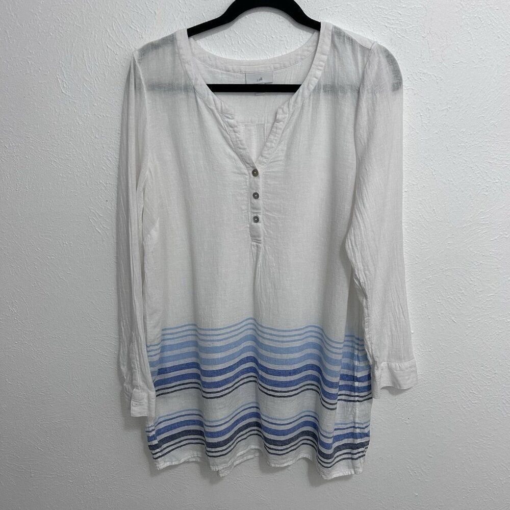 J Jill White Blue Linen Blend Popover Tunic Top 3/4‎ Sleeve Blouse Sz M Coastal